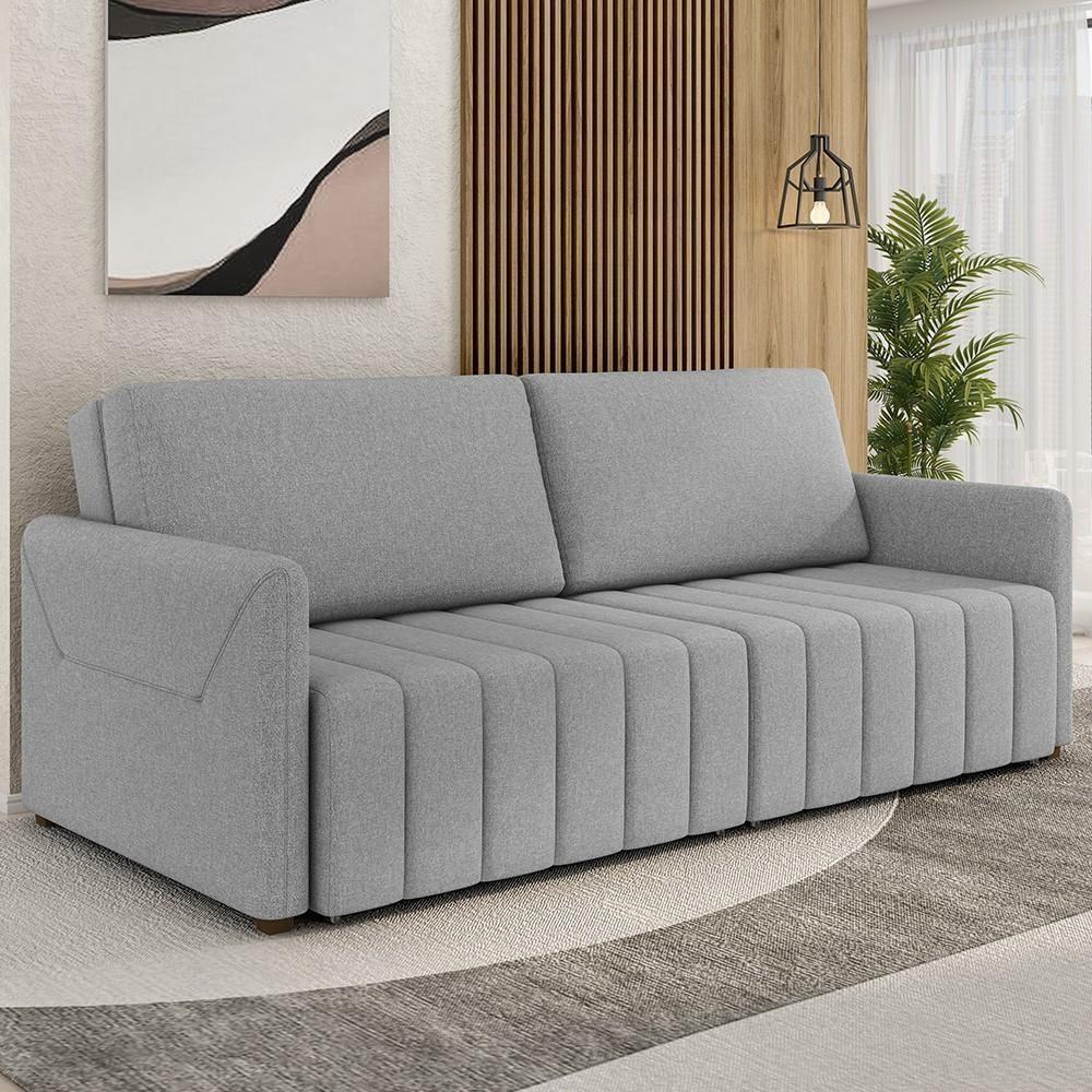 Sofá Cama Casal Retrátil 3 Lugares 220cm Atlas M22 Linho Cinza - Mpozenato - 2