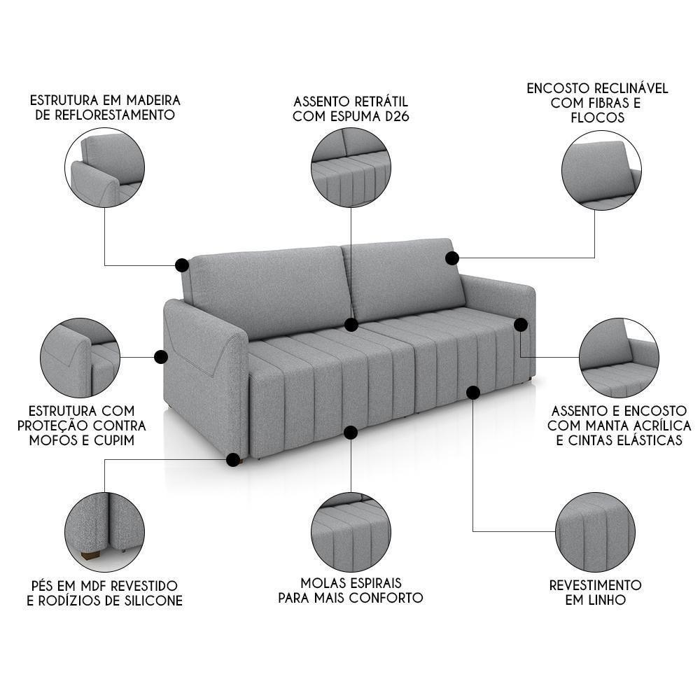 Sofá Cama Casal Retrátil 3 Lugares 220cm Atlas M22 Linho Cinza - Mpozenato - 3