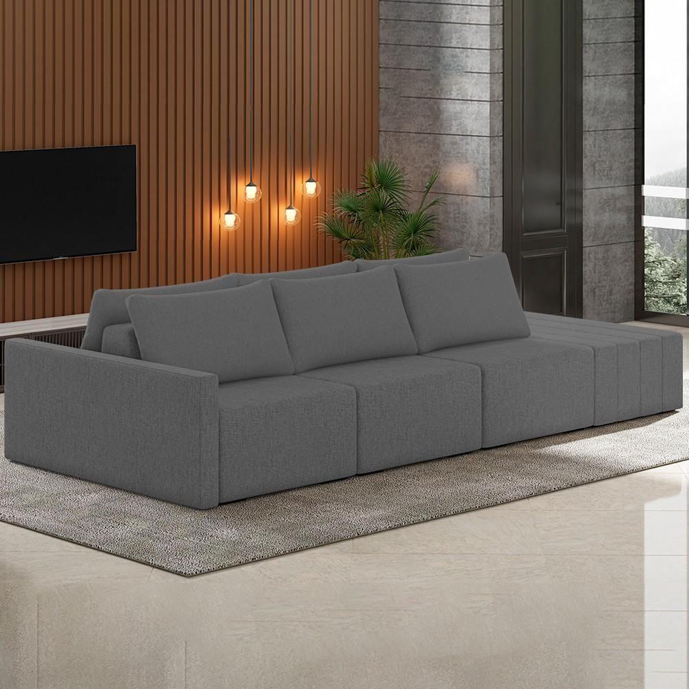 Sofá Ilha Modular Com Puff Para Sala Living 342cm Georgia K04 Linho Cinza Escuro - Mpozenato - 2