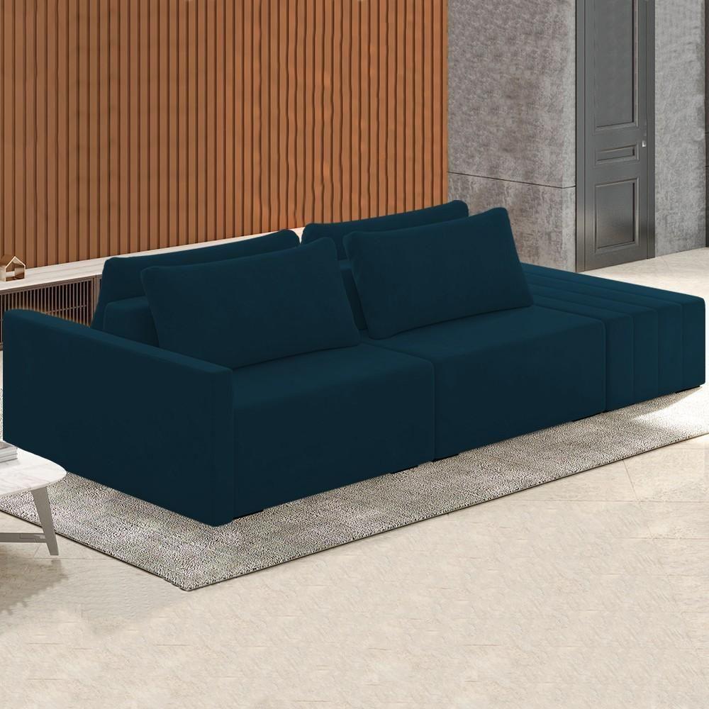 Sofá Ilha Modular Com Puff Para Sala Living 252cm Georgia K04 Veludo Azul - Mpozenato - 2