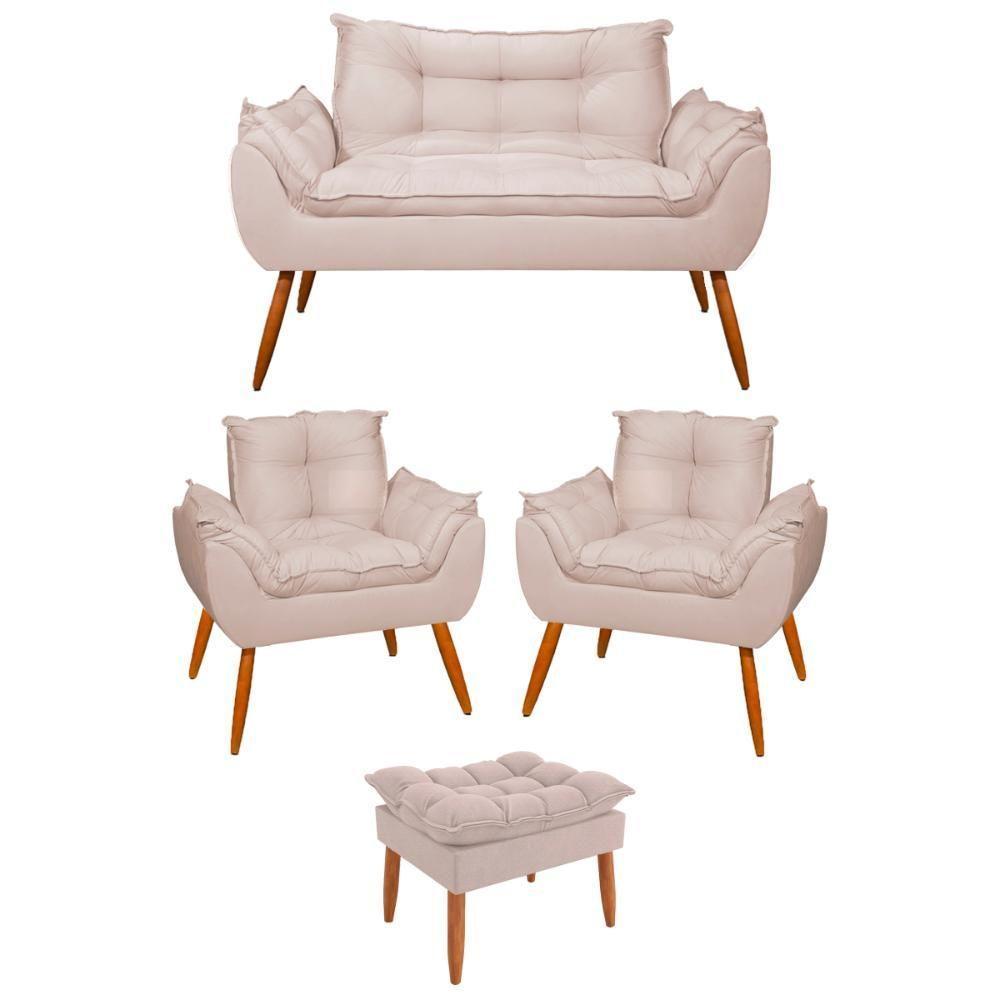 Kit 02 Poltronas + Sofá 2 Lugares Com Puff Opala Balaqui Bege - 1