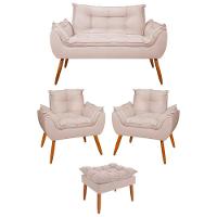 Kit 02 Poltronas + Sofá 2 Lugares Com Puff Opala Balaqui Bege - 1