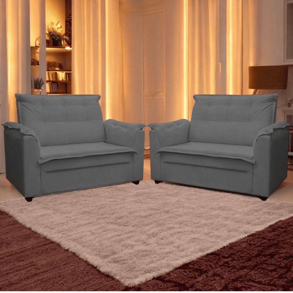 Kit 02 Sofás 2 Lugares Namoradeira Marrocos 1,40m Sala De Tv Estar Recepção Suede Cinza Mabe Magazine - 1