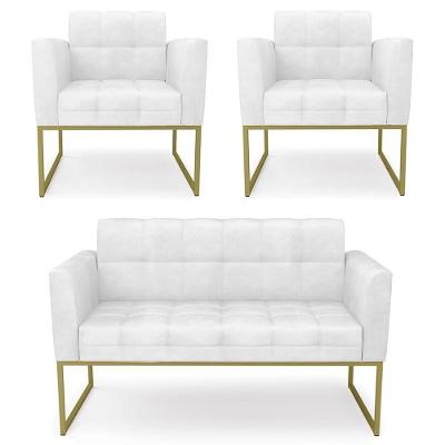 Sofá Namoradeira E 2 Poltronas Base Industrial Dourado Ana Sintético Pu Branco - Ibiza
