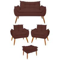 Kit 02 Poltronas + Sofá 2 Lugares Com Puff Opala Balaqui Marrom - 1