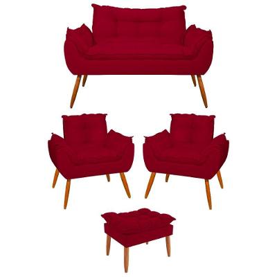 Kit 02 Poltronas + Namoradeira + Puff Opala Balaqui Decor Vermelho