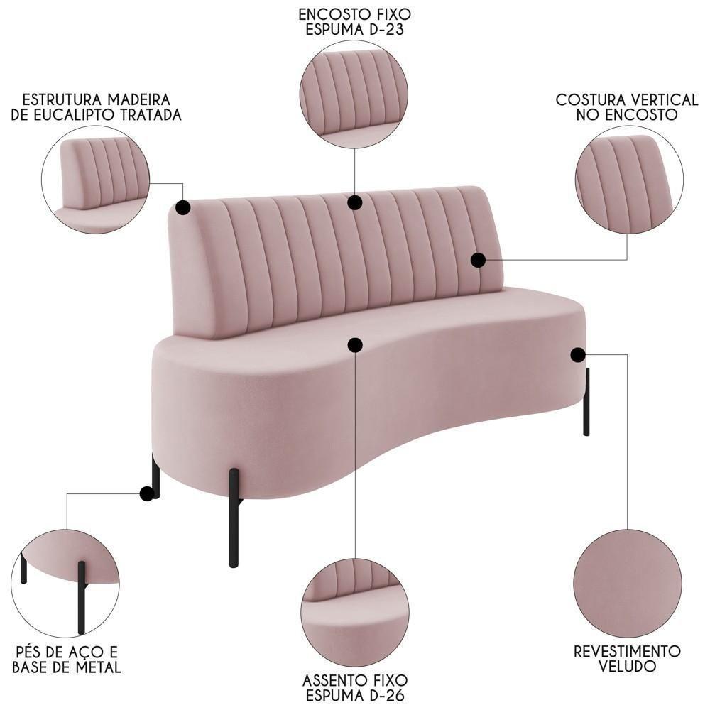 Sofá 2 Lugares 135cm Pés Aço Preto Tamar K04 Veludo Rosê - Mpozenato - 6