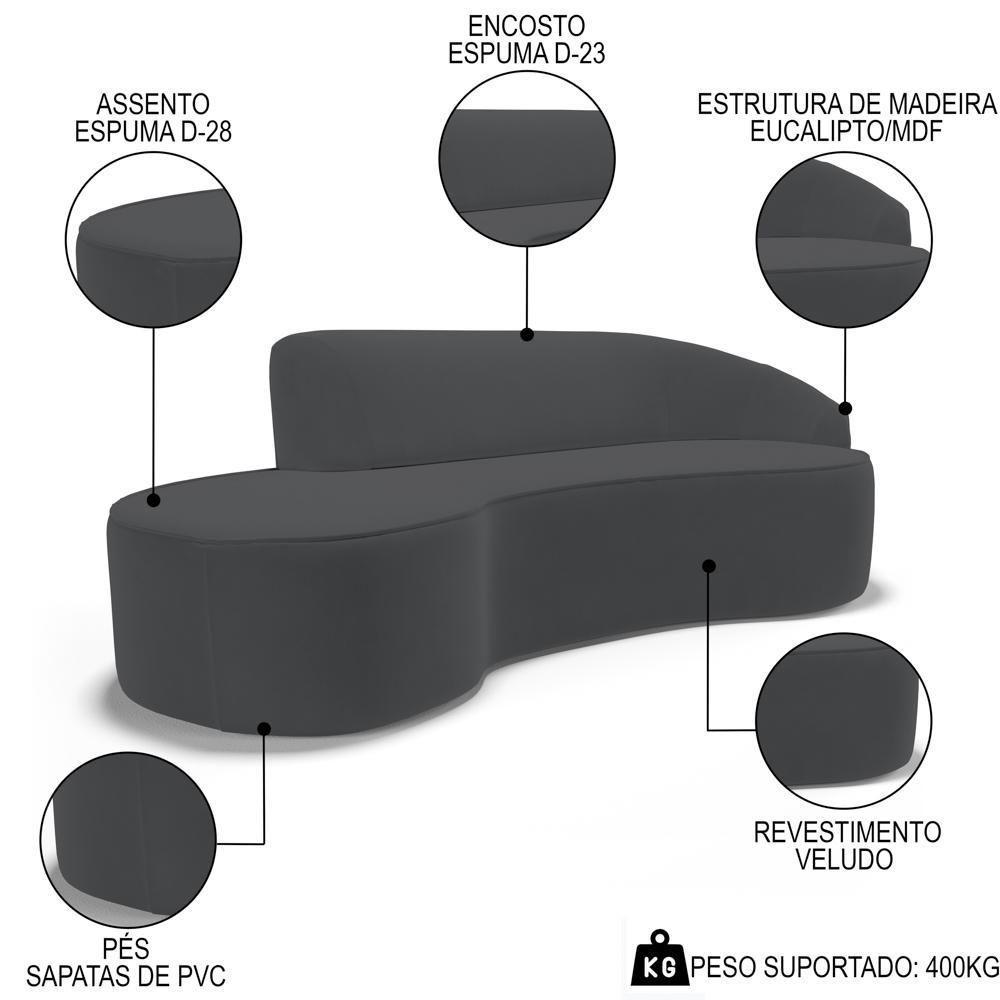 Sofá Living 4 Lugares 280cm Braço Direito Mozart D06 Veludo Cinza - Mpozenato - 3