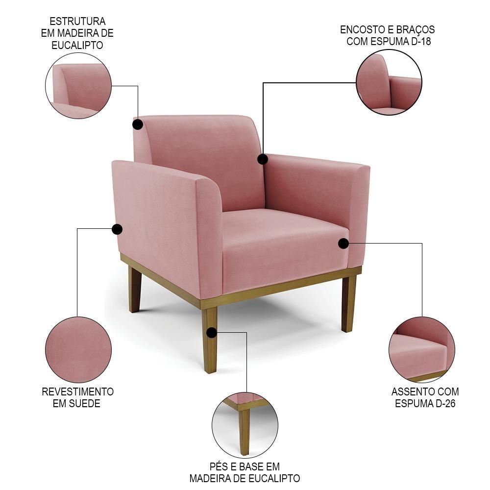 Sofá Namoradeira E 1 Poltrona Base Madeira Castanho Maressa Suede Rosê - Ibiza - 3