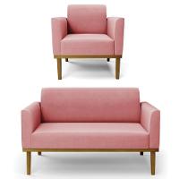 Sofá Namoradeira E 1 Poltrona Base Madeira Castanho Maressa Suede Rosê - Ibiza - 1