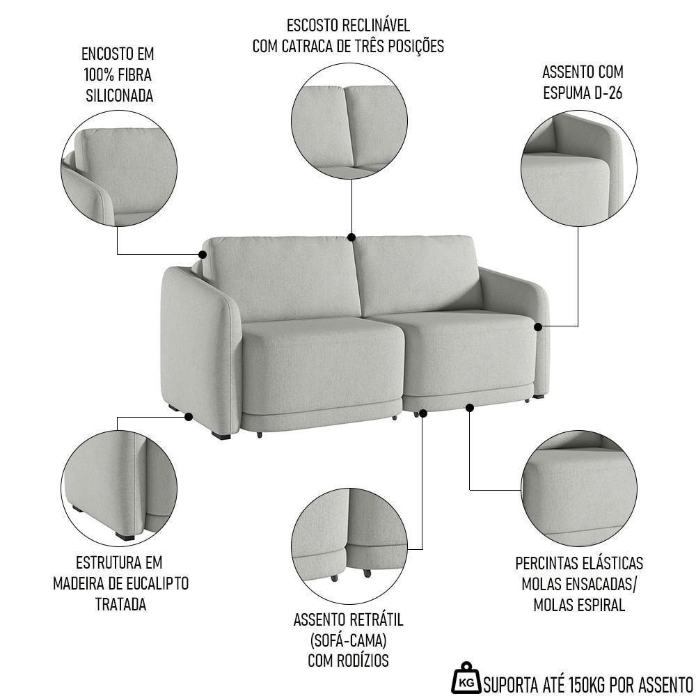 Sofá Cama Casal Para Sala 196cm Polska K04 Linho Cinza - Mpozenato - 3