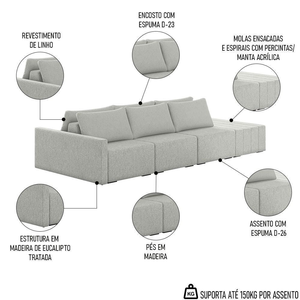 Sofá Ilha Modular Com Puff Para Sala Living 312cm Georgia K04 Linho Cinza - Mpozenato - 3