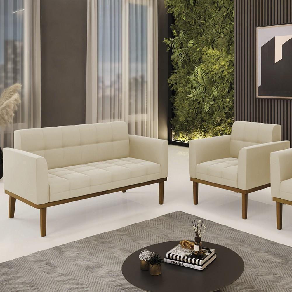 Sofá Namoradeira E 1 Poltrona Base Madeira Castanho Ana Suede Bege - Ibiza - 3