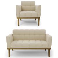 Sofá Namoradeira E 1 Poltrona Base Madeira Castanho Ana Suede Bege - Ibiza - 1