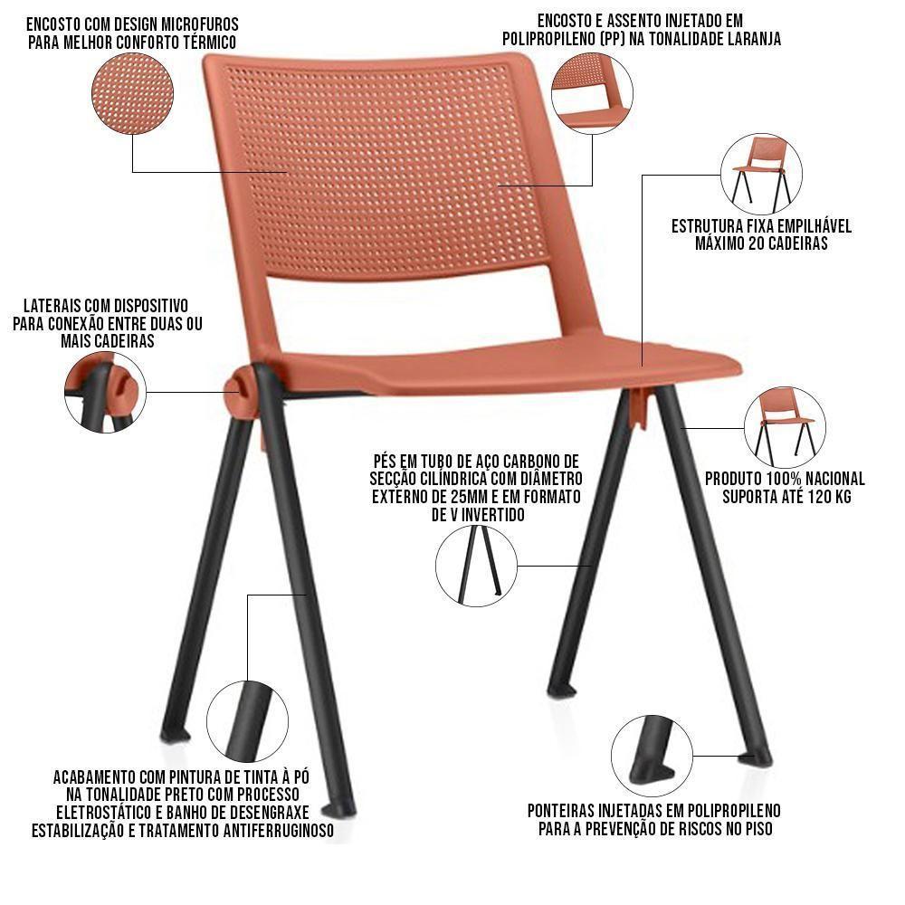 Kit 04 Cadeiras Empilhável Fixa Lift F02 Base Aço Preto Laranja - Lyam Decor - 3