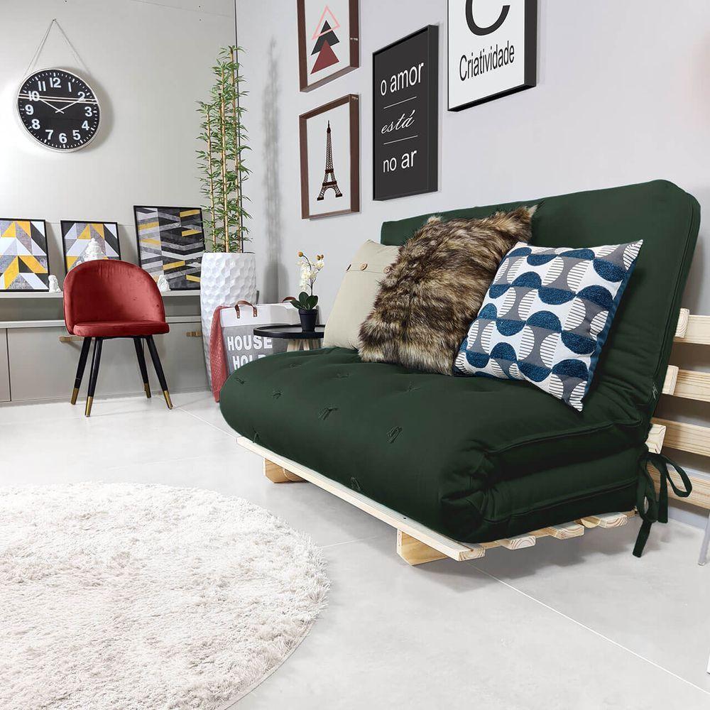 Sofa Cama Casal Futon Oriental Verde Militar Com Madeira Maciça - 5