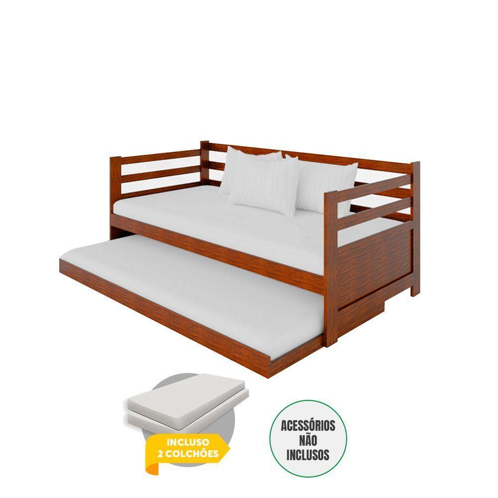 Sofá Cama Rústico Madeira Enjoy 2 Colchões Castanho - Marrom - 2