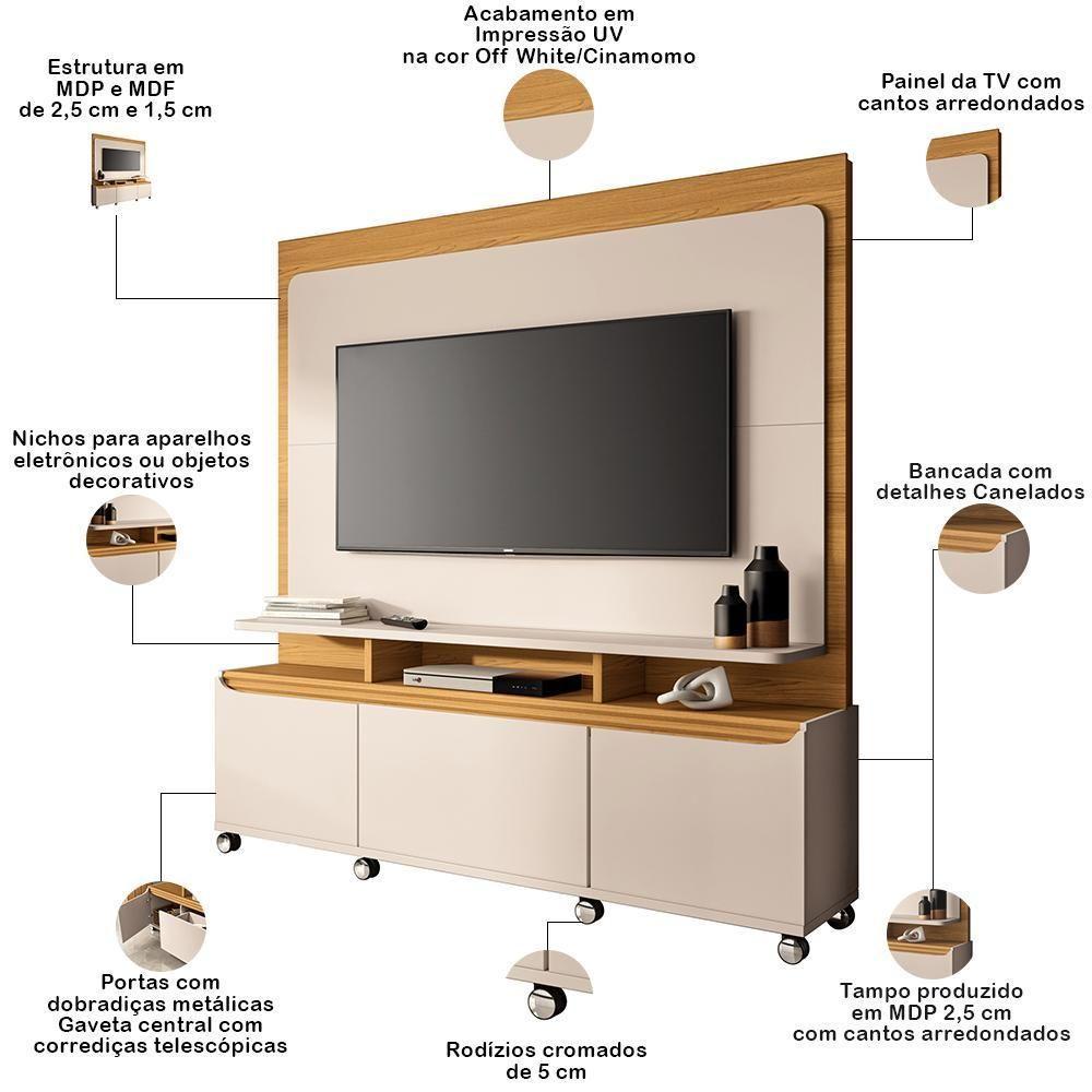 Estante Painel Para Tv 70 Pol 170cm 2 Portas Planck B01 Off White Cinamomo - Lyam Decor - 4