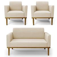 Sofá Namoradeira E 2 Poltronas Base Madeira Castanho Maressa Suede Bege - Ibiza - 1