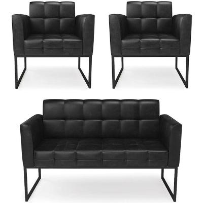 Sofá Namoradeira E 2 Poltronas Base Industrial Preto Ana Sintético Pu Preto - Ibiza