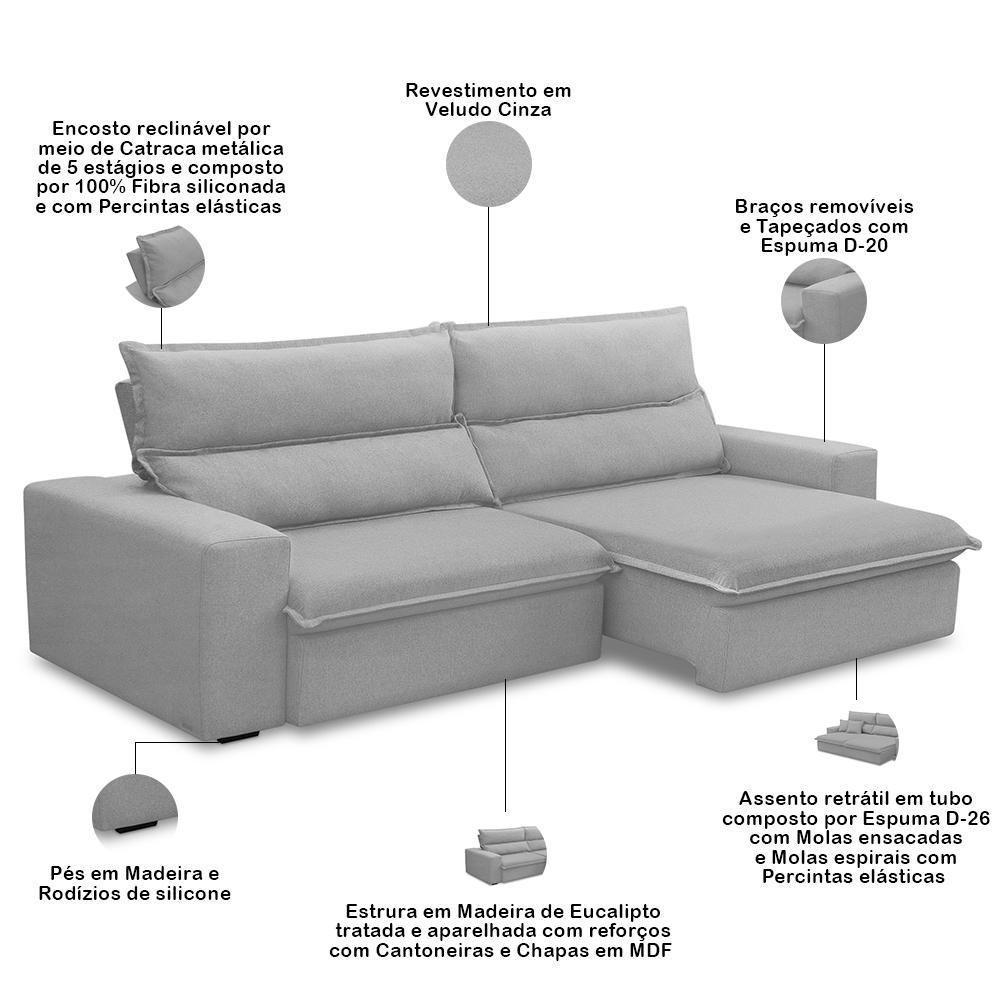 Sofá Retrátil Reclinável Para Sala 4 Lugares 280cm Senzi F04 Veludo Cinza - Lyam Decor - 4