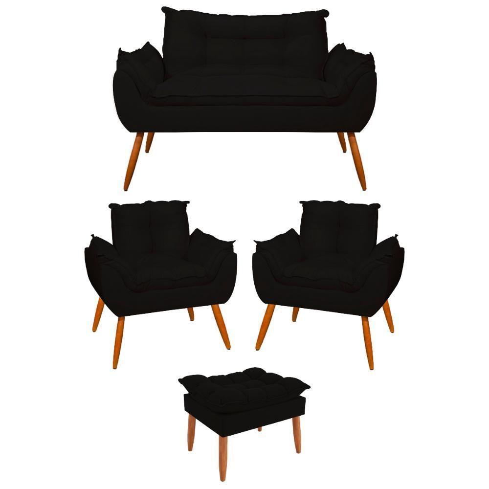 Kit 02 Poltronas + Sofá 2 Lugares Com Puff Opala Balaqui Preto - 1