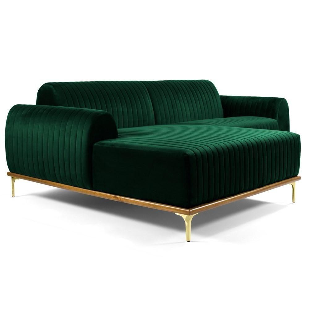 Sofá 255cm 4 Lugares Com Chaise Esquerdo Pés Gold Molino C-303 Veludo Verde Musgo - Domi - 1