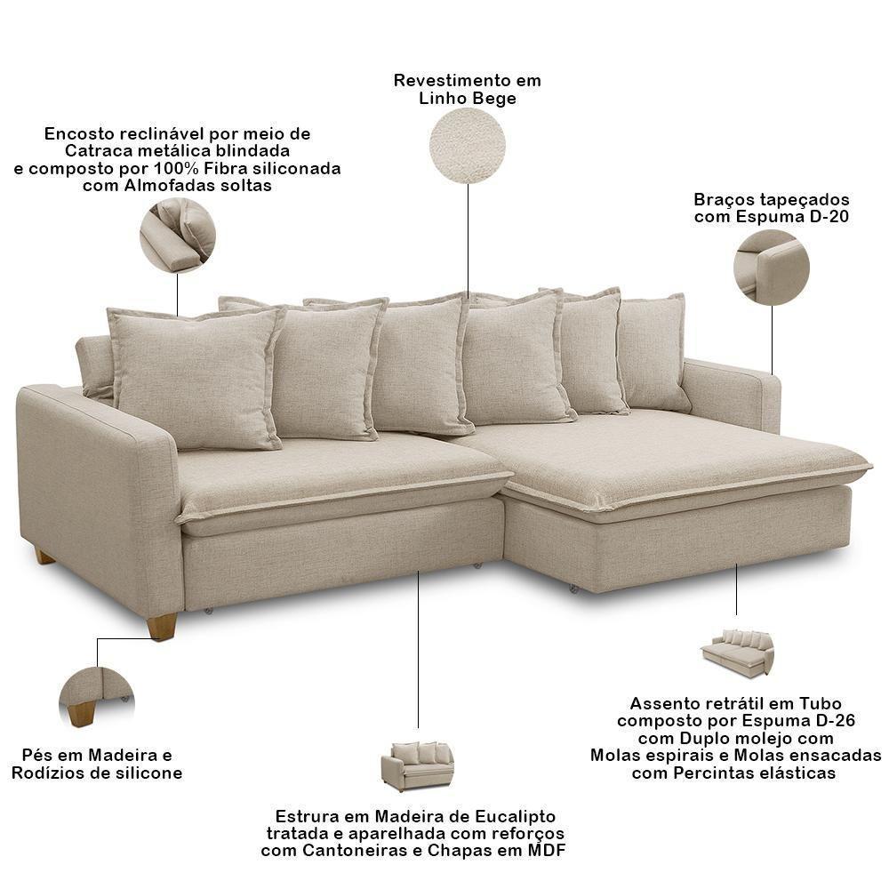 Sofá Retrátil Para Sala Living 4 Lugares 290cm Lake F04 Linho Bege - Lyam Decor - 3