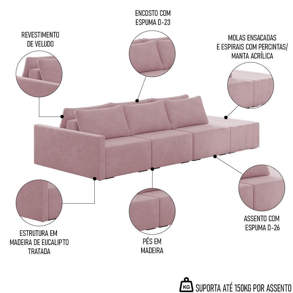Sofá Ilha Modular Com Puff Para Sala Living 312cm Georgia K04 Veludo Rosê - Mpozenato - 7