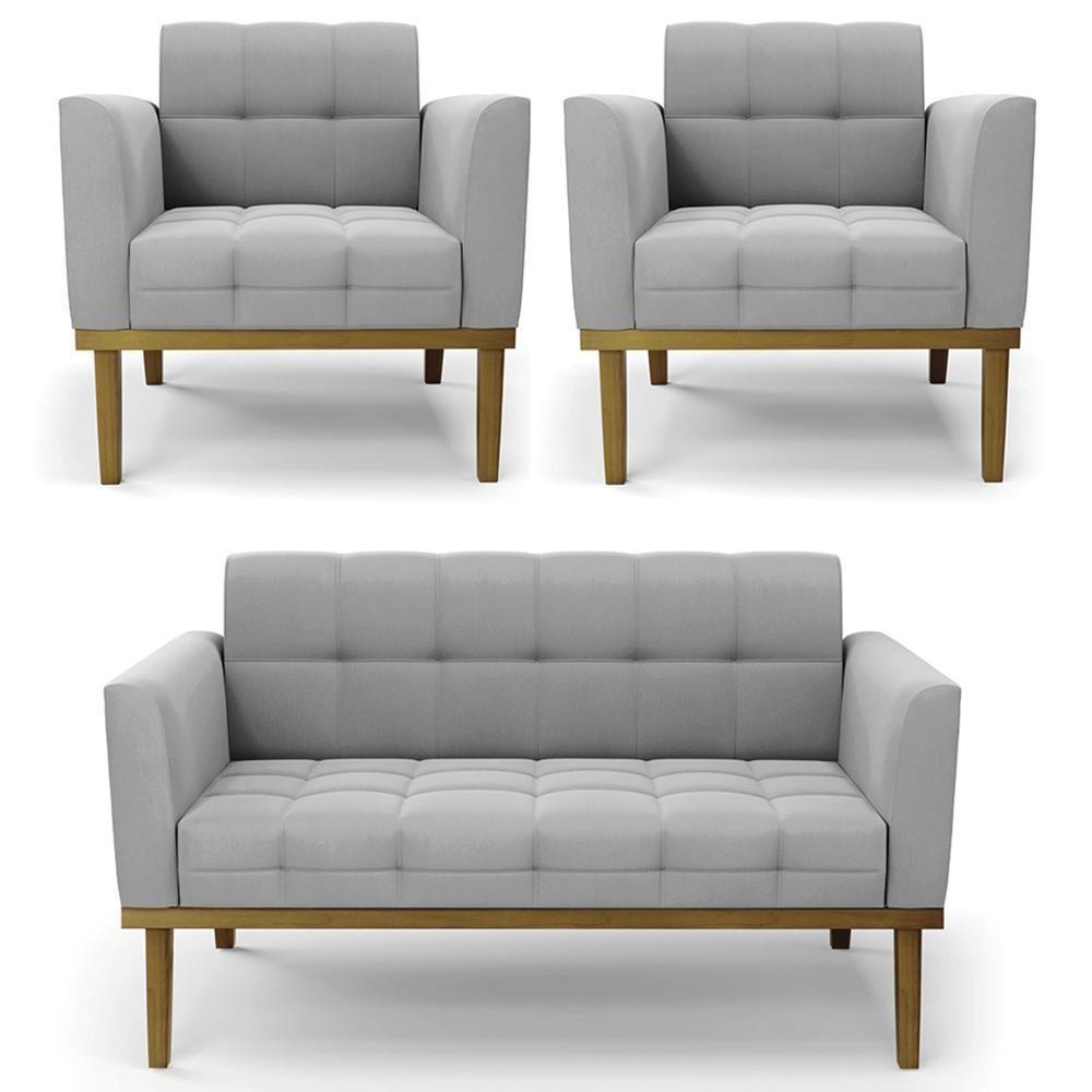 Sofá Namoradeira E 2 Poltronas Base Madeira Castanho Ana Suede Cinza - Ibiza - 1