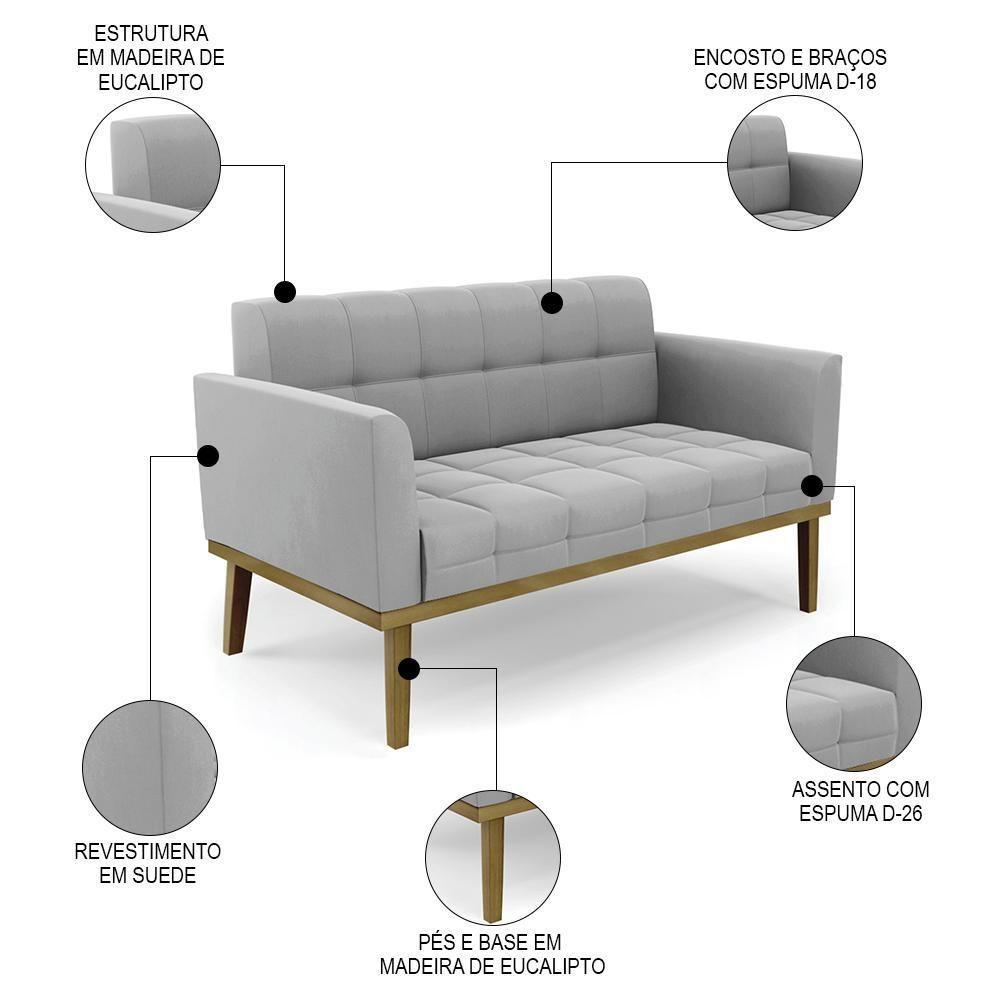 Sofá Namoradeira E 2 Poltronas Base Madeira Castanho Ana Suede Cinza - Ibiza - 3