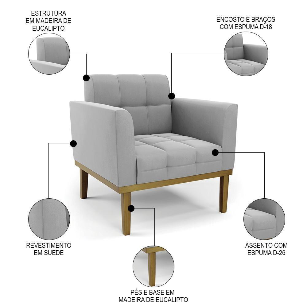 Sofá Namoradeira E 2 Poltronas Base Madeira Castanho Ana Suede Cinza - Ibiza - 5