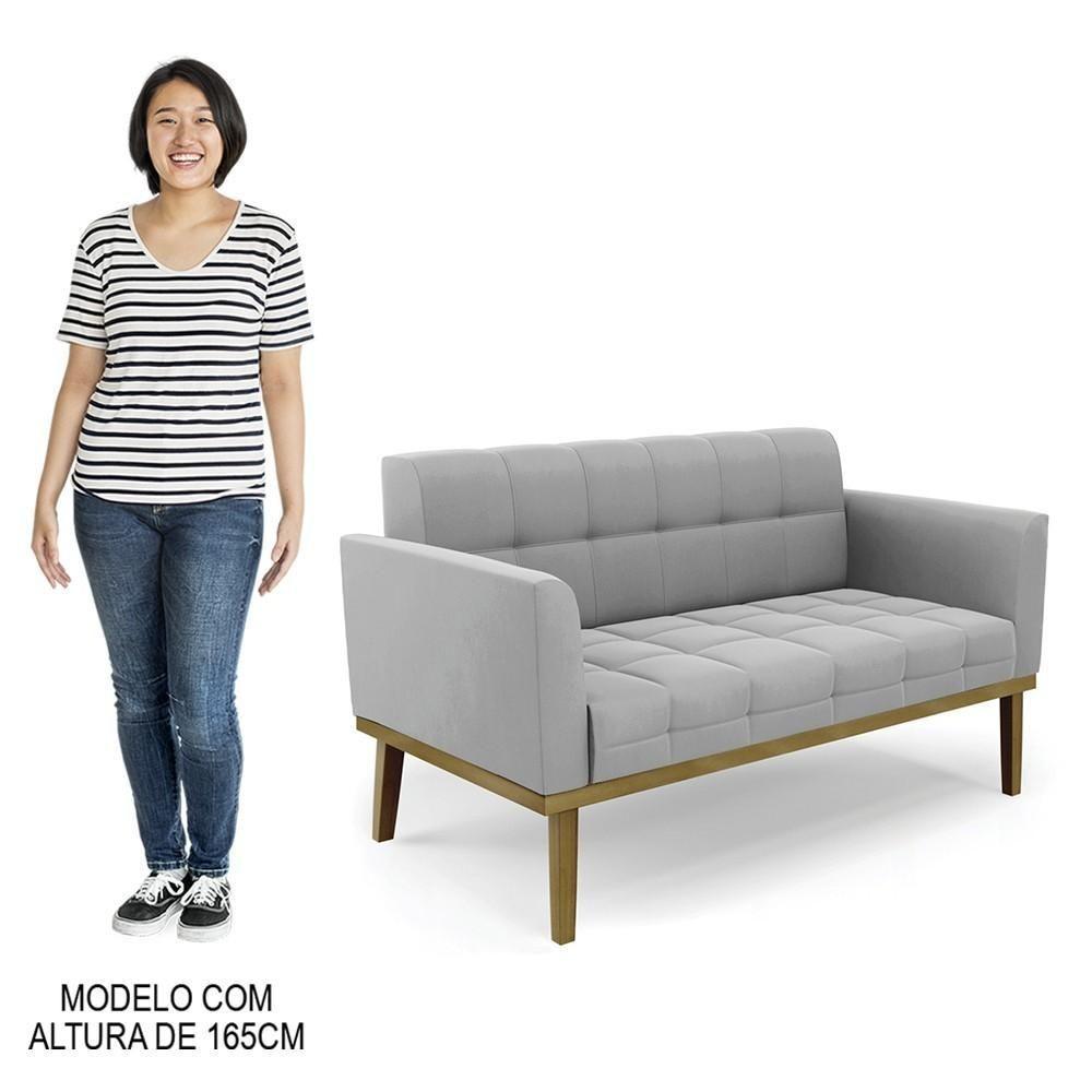 Sofá Namoradeira E 2 Poltronas Base Madeira Castanho Ana Suede Cinza - Ibiza - 6