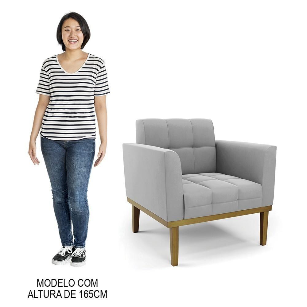 Sofá Namoradeira E 2 Poltronas Base Madeira Castanho Ana Suede Cinza - Ibiza - 7