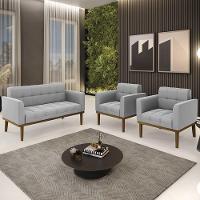 Sofá Namoradeira E 2 Poltronas Base Madeira Castanho Ana Suede Cinza - Ibiza - 2