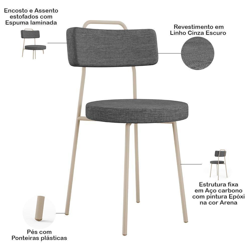 Cadeira Decorativa Estofada Para Sala De Jantar Barcelona Arena L02 Linho Cinza Escuro - Lyam - 3
