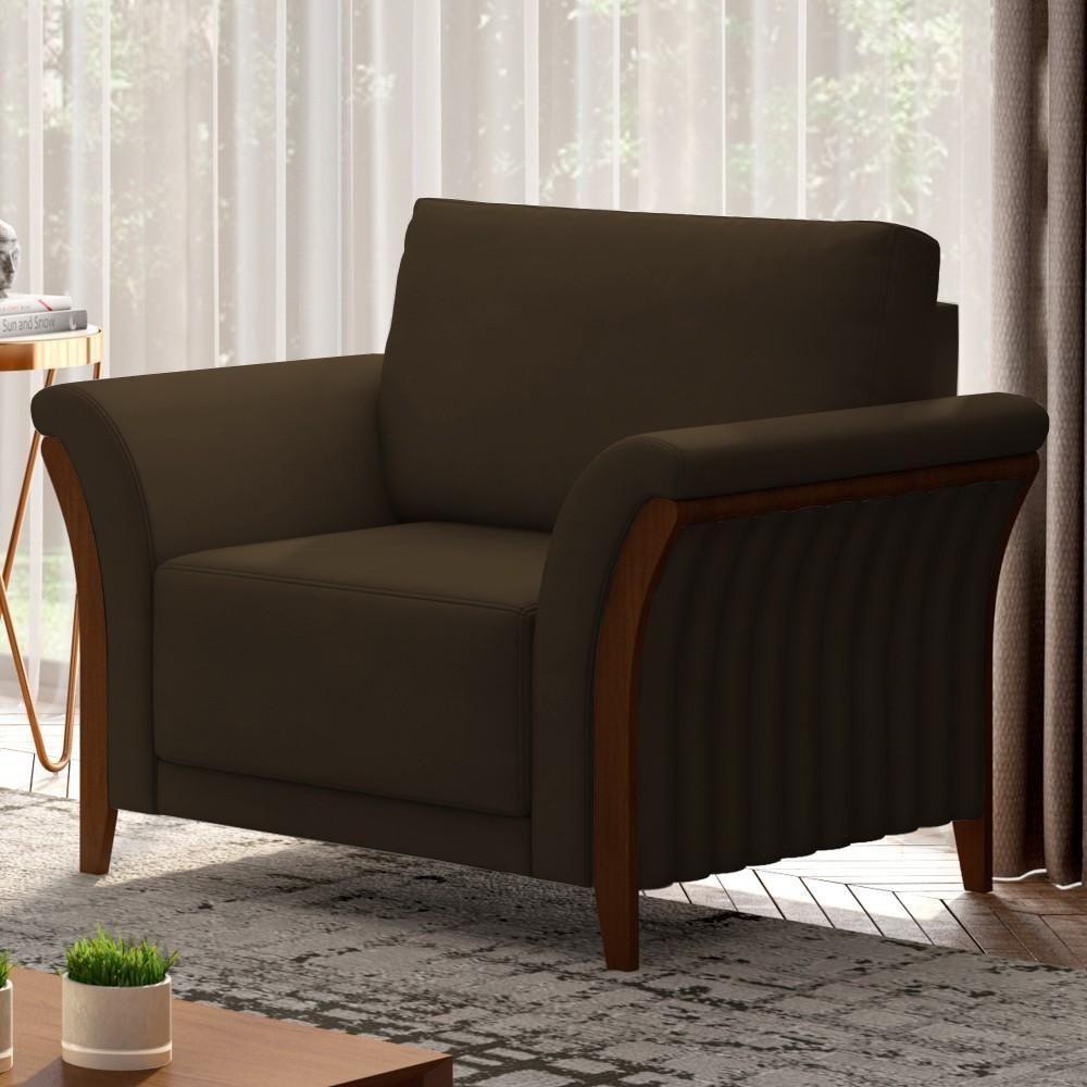 Kit Sofá Living 3 Lugares E Poltrona 102cm Pés Madeira Roya M22 Veludo Marrom - Mpozenato - 3