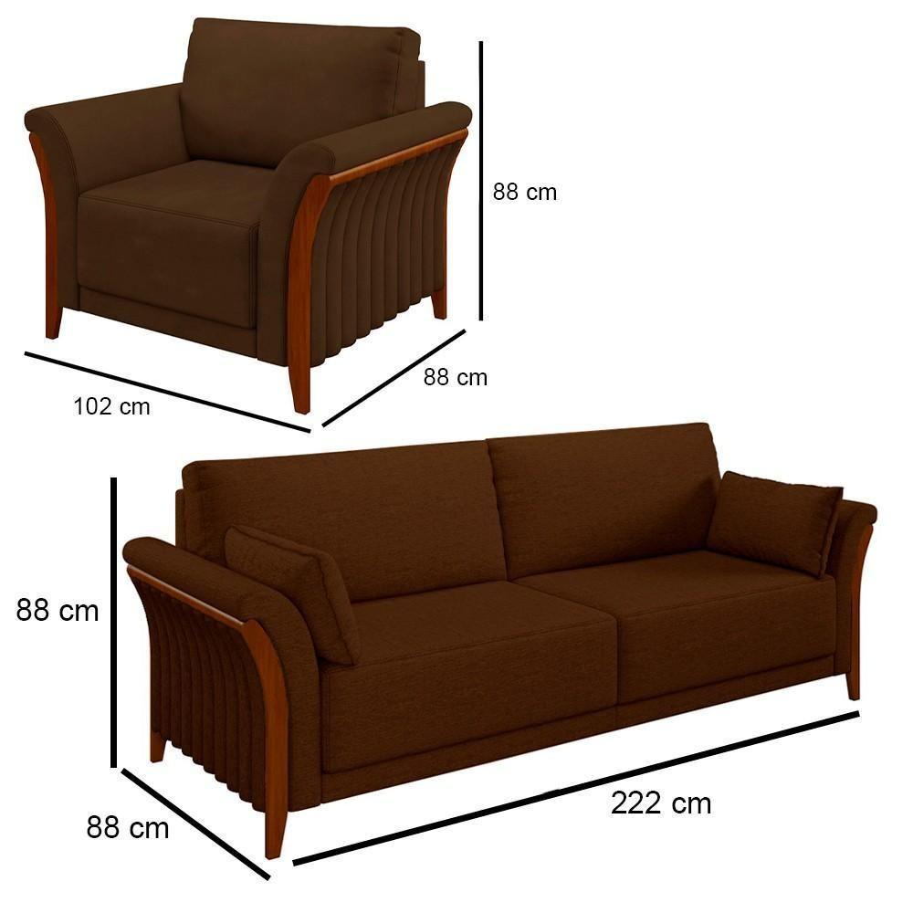 Kit Sofá Living 3 Lugares E Poltrona 102cm Pés Madeira Roya M22 Veludo Marrom - Mpozenato - 4