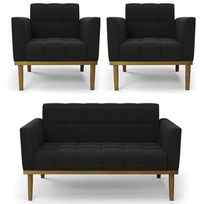 Sofá Namoradeira E 2 Poltronas Base Madeira Castanho Ana Suede Preto - Ibiza