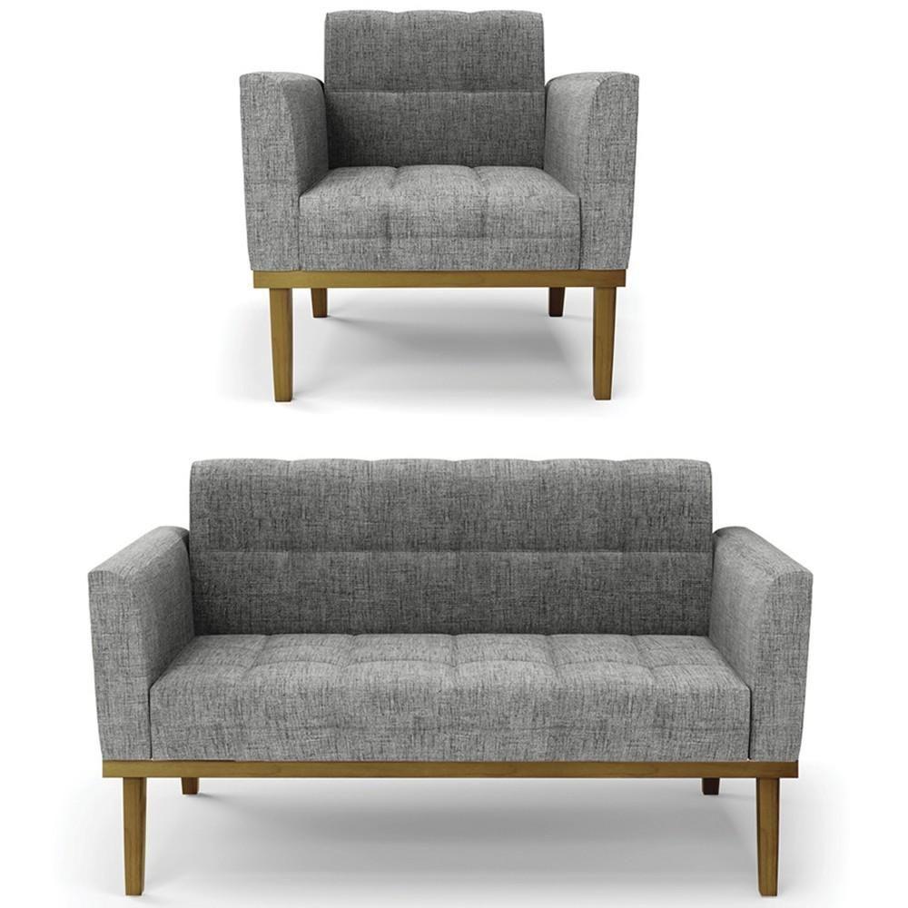 Sofá Namoradeira E 1 Poltrona Base Madeira Castanho Ana Linho Grafite - Ibiza - 1