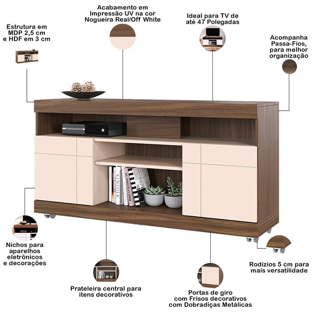 Rack Para Sala De Estar Tv 47 Pol Com Rodízios Raya C04 Nogueira Real Off White - Lyam Decor - 2