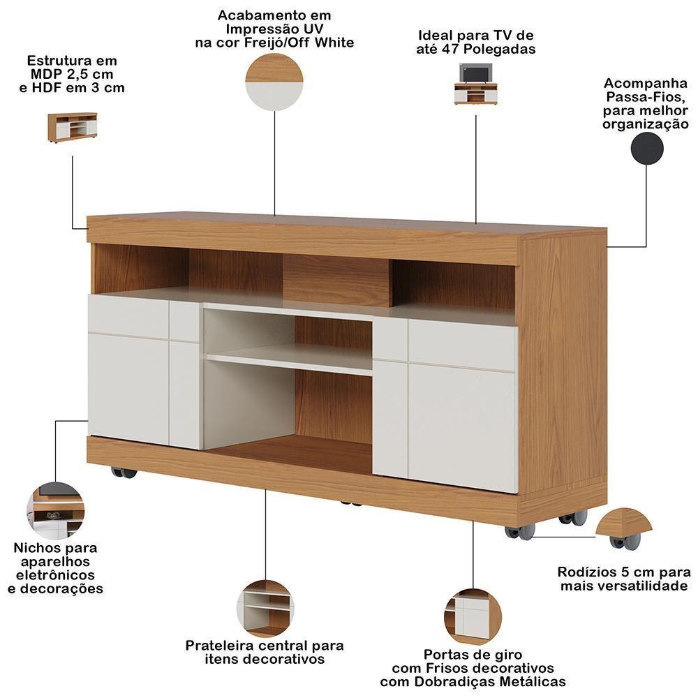 Rack Para Sala Com Painel Para Tv 55 Pol Raya C04 Freijó Off White - Lyam Decor - 4