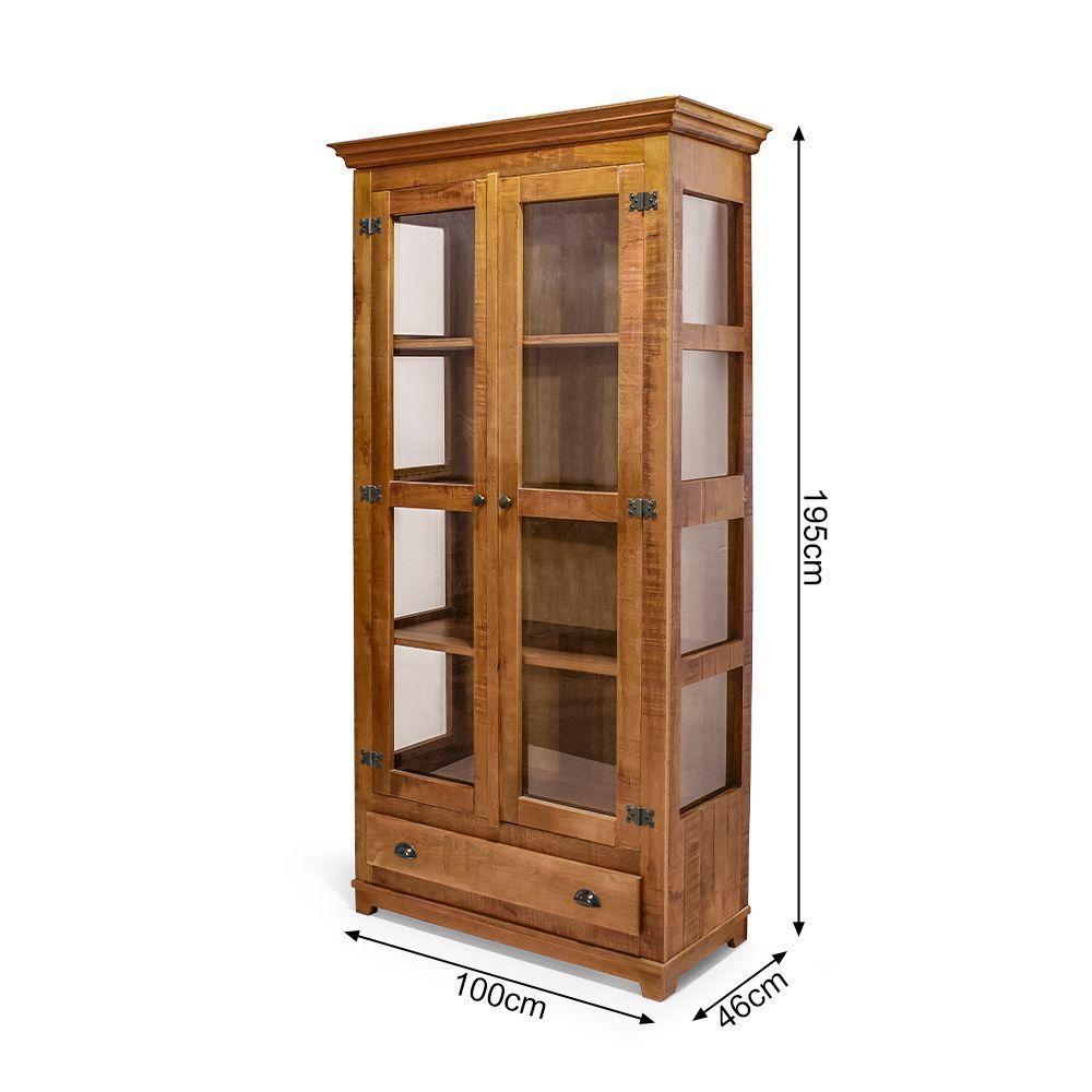 Cristaleira Decorativa Rústica Com Vidro Com Gaveta Em Madeira Maciça - Natural - Bege - 3