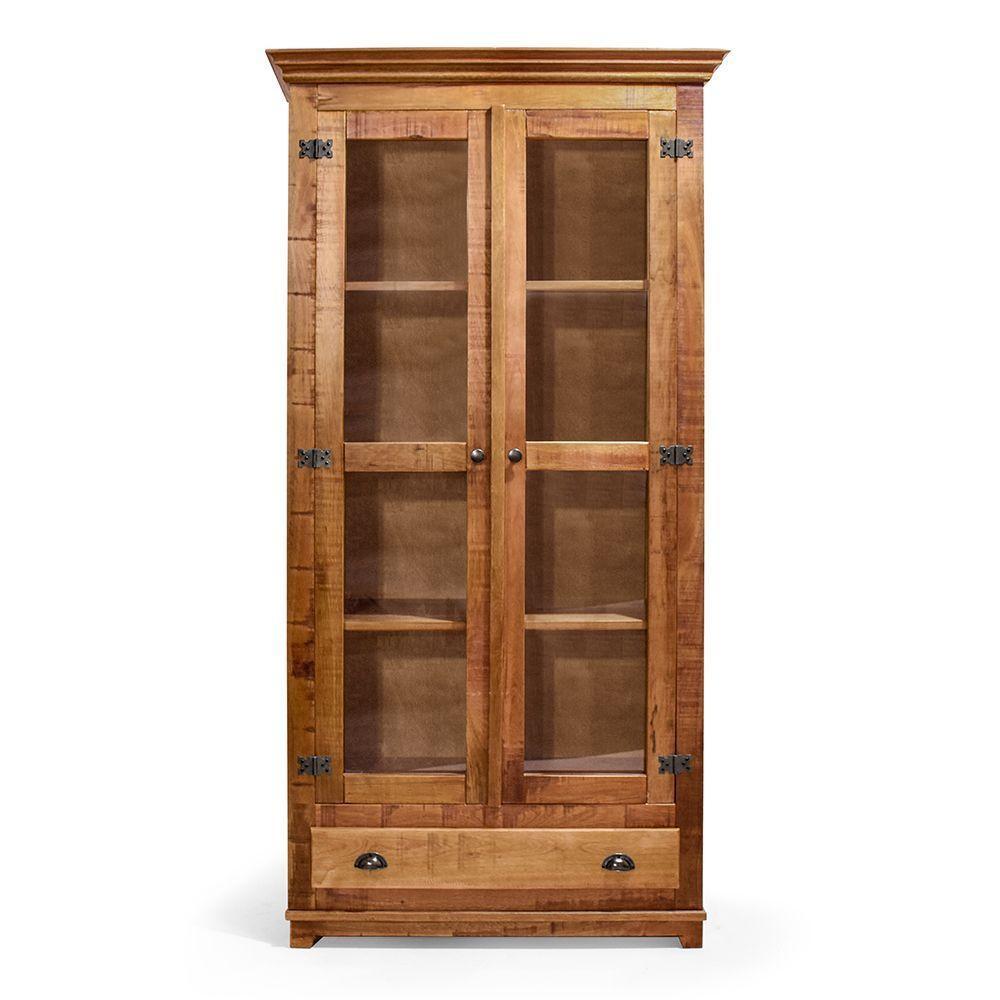 Cristaleira Clássica Rústica Com Vidro Com Gaveta Em Madeira Maciça - Natural - Bege - 2