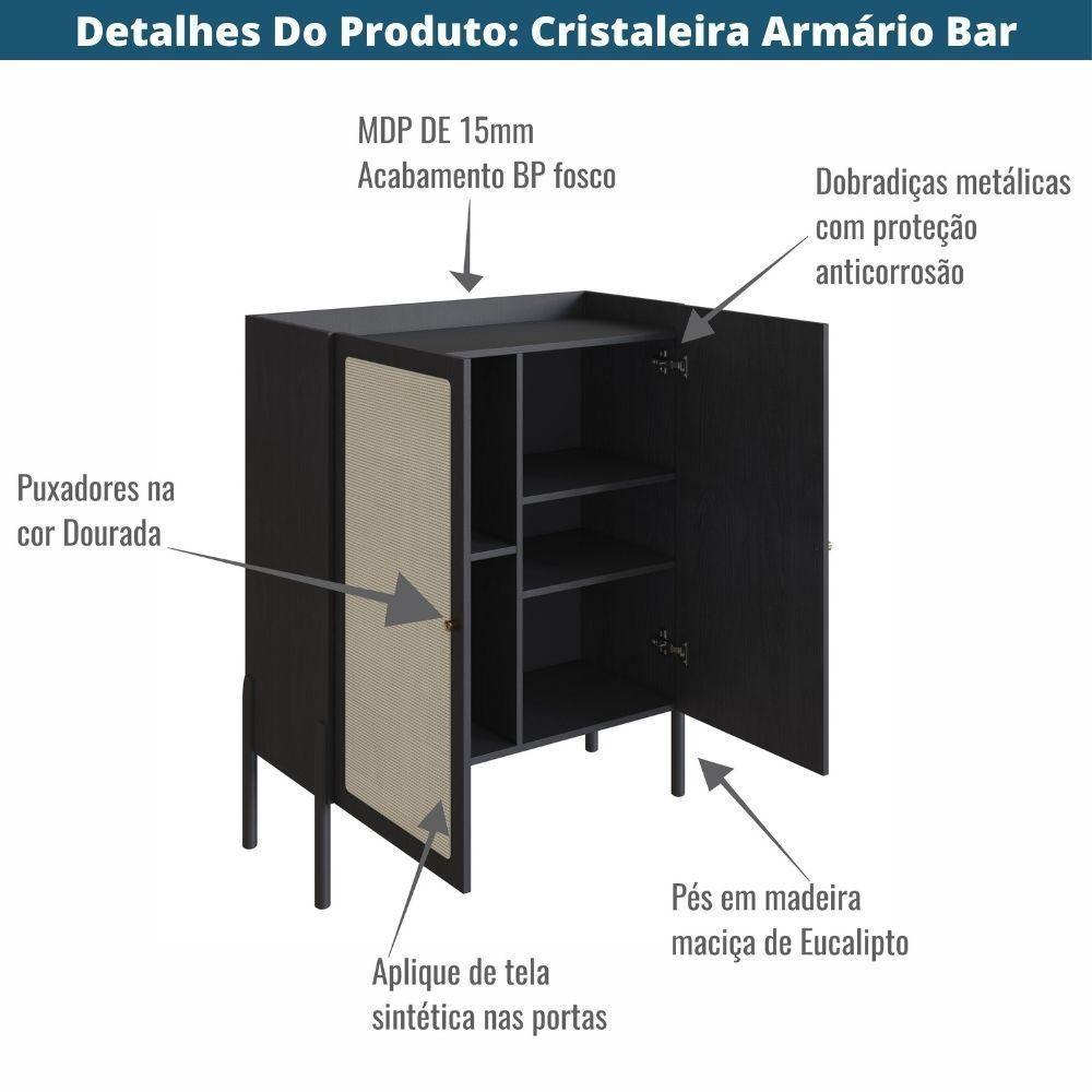 Cristaleira Bar Armário Alto Oslo Artesano 93 Cm (larg) Mdp Nero Palha Sintética Base Madeira Maciça - 8