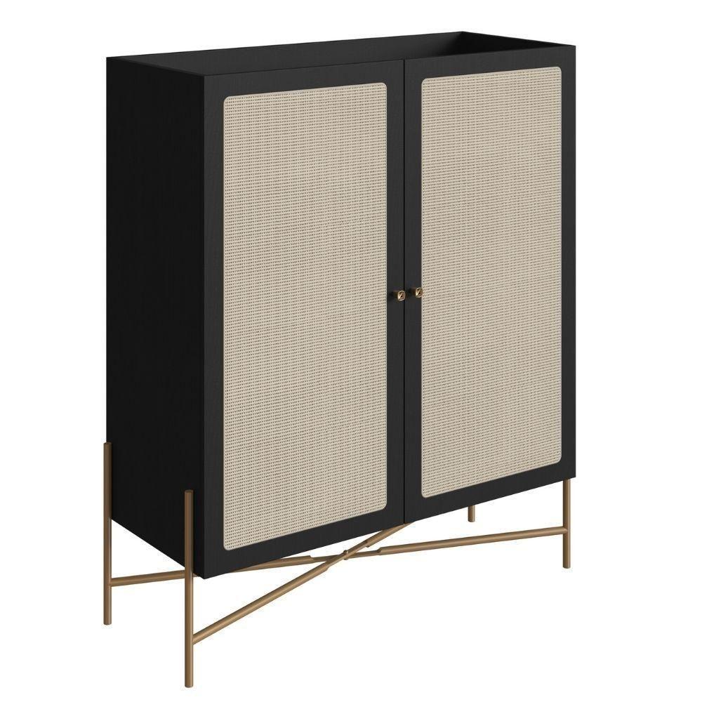 Cristaleira Bar Armário Alto Oslo Artesano 93 Cm (larg) Mdp Nero Palha Sintética Base Metal Dourado - 1