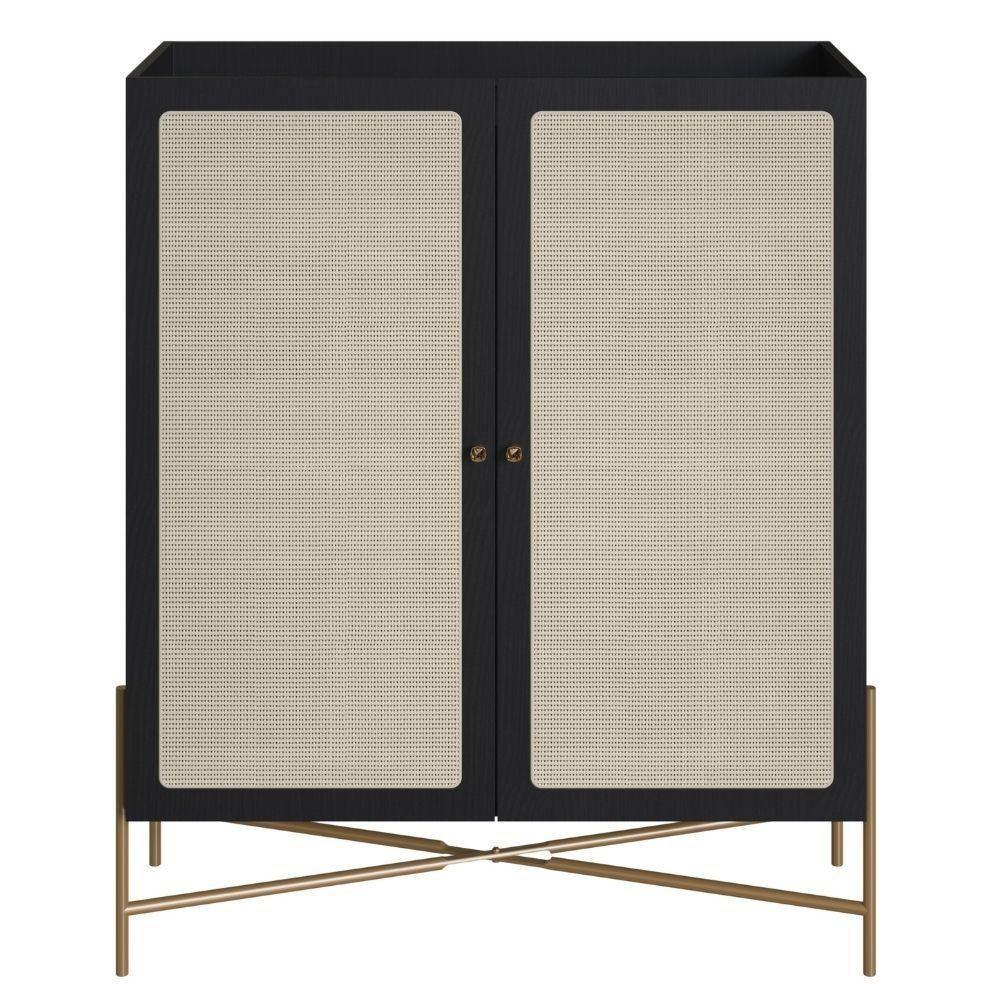 Cristaleira Bar Armário Alto Oslo Artesano 93 Cm (larg) Mdp Nero Palha Sintética Base Metal Dourado - 2