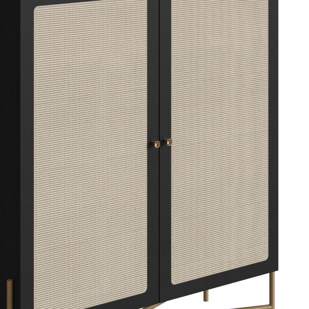 Cristaleira Bar Armário Alto Oslo Artesano 93 Cm (larg) Mdp Nero Palha Sintética Base Metal Dourado - 4