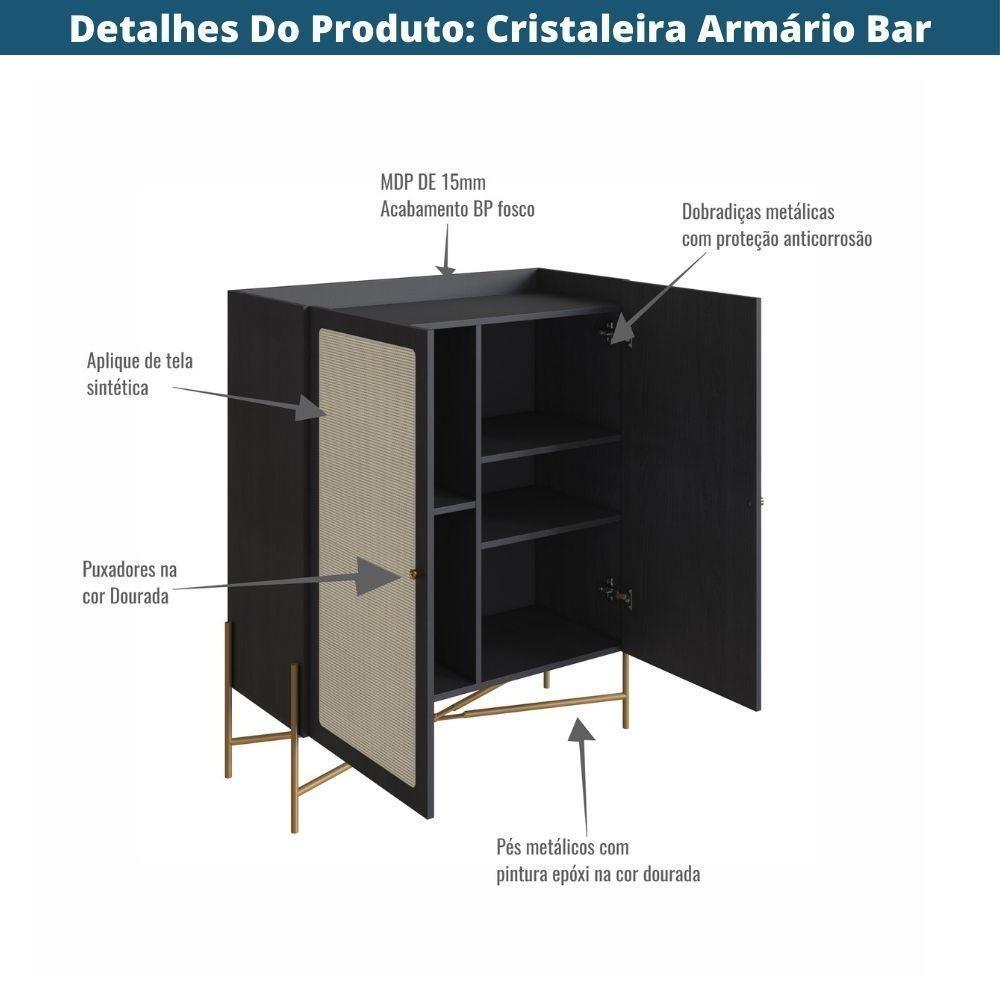 Cristaleira Bar Armário Alto Oslo Artesano 93 Cm (larg) Mdp Nero Palha Sintética Base Metal Dourado - 6