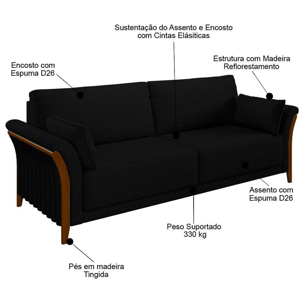 Sofá Living 3 Lugares 222cm Pés Madeira Roya M22 Veludo Preto - Mpozenato - 4